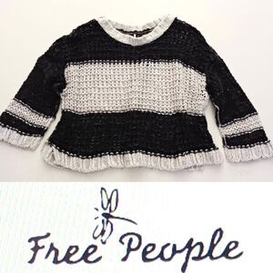 Free People Alpaca Wool Open Knit Oversized Pullover Blk/Ivory Stripes Sz S